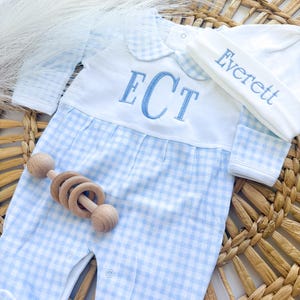Custom Baby Boy Coming Home Outfit Romper, Monogrammed Collar, Hospital Photos