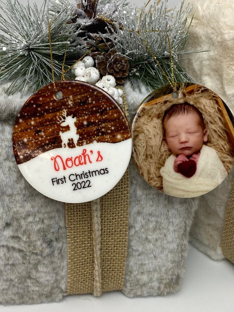 Babys First Christmas Photo Ornament, Porcelain Ornaments, Personalized Ornament 