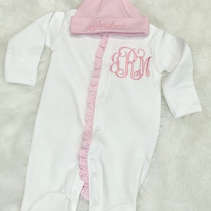Baby Girl Coming Home Outfit, Monogrammed Footie, Ruffle Pajamas image 3