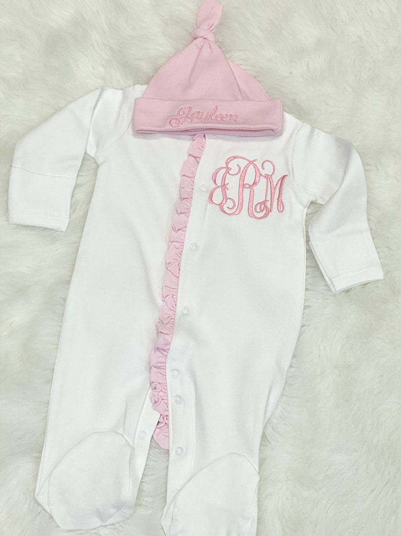 Baby Girl Coming Home Outfit, Monogrammed Footie, Ruffle Pajamas image 3