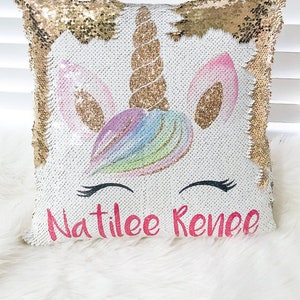 Glitter Unicorn Mermaid Pillow - Personalized Unicorn Reversible Sequin Pillow - Unicorn Glitter Pillow - WITH PILLOW INSERT