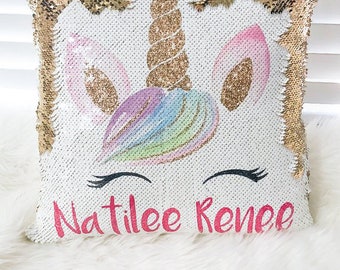 Glitter Unicorn Mermaid Pillow - Personalized Unicorn Reversible Sequin Pillow - Unicorn Glitter Pillow - WITH PILLOW INSERT