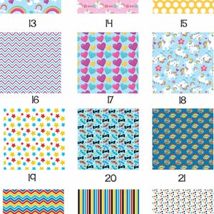 May include: A set of 12 digital paper patterns for scrapbooking, crafting, and other creative projects. The patterns include rainbows, unicorns, hearts, stars, and superhero themes.
