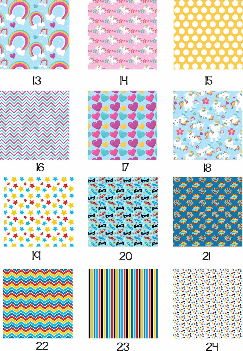 May include: A set of 12 digital paper patterns for scrapbooking, crafting, and other creative projects. The patterns include rainbows, unicorns, hearts, stars, and superhero themes.