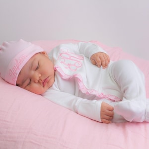 Personalized Newborn Girl Coming Home Outfit,  Pink Ruffle Baby Hospital Outfit