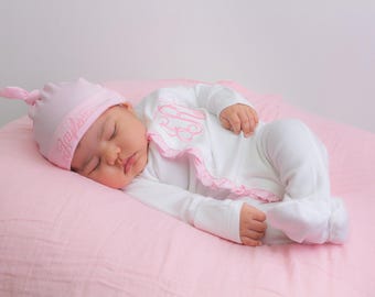 Personalized Newborn Girl Coming Home Outfit,  Pink Ruffle Baby Hospital Outfit
