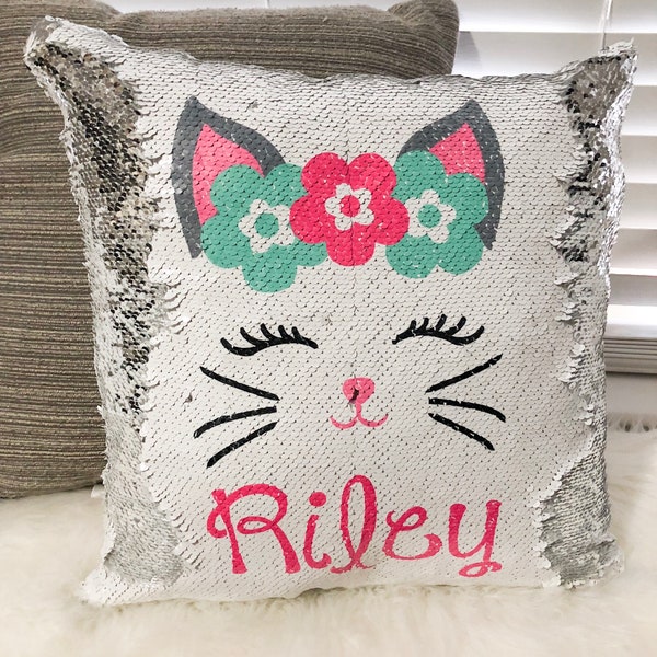 Personalized Cat Face Sequin Pillow, Birthday Pillow Cover, Flip Sequin Pillow