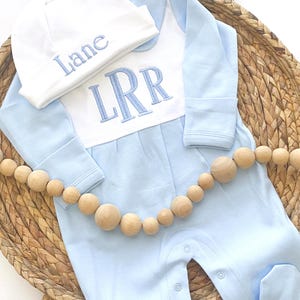 Baby Boy Coming Home Outfit, Monogrammed Blue Footie Romper Set