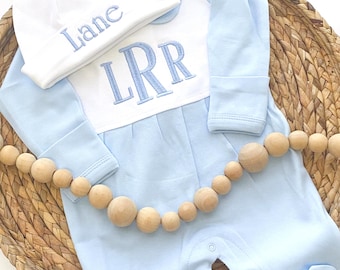 Baby Boy Coming Home Outfit, Monogrammed Blue Footie Romper Set