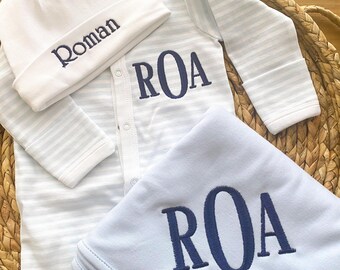 Personalized Baby Boy Outfit: Embroidered Cotton Footie Romper