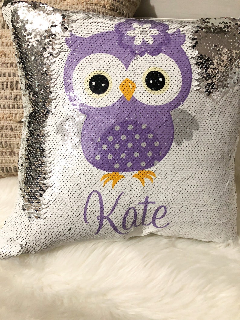Personalized Owl Pillow Cover Owl Reversible Mermaid Sequin Etsy