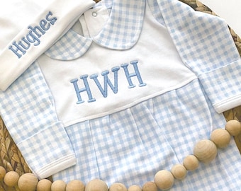 Newborn Going Home Outfit, Monogrammed Footie, Personalized Baby Boy Gift