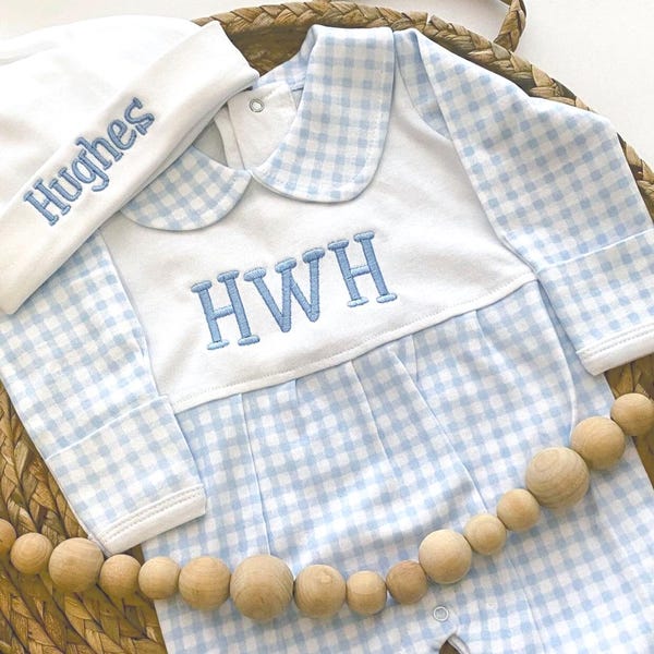 Newborn Going Home Outfit, Monogrammed Footie, Personalized Baby Boy Gift