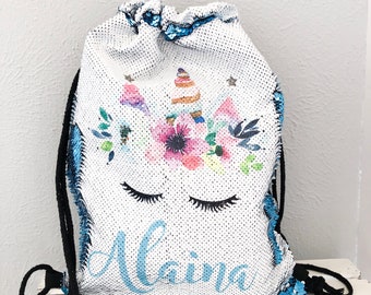 Personalized unicorn drawstring sequin backpack hotsell
