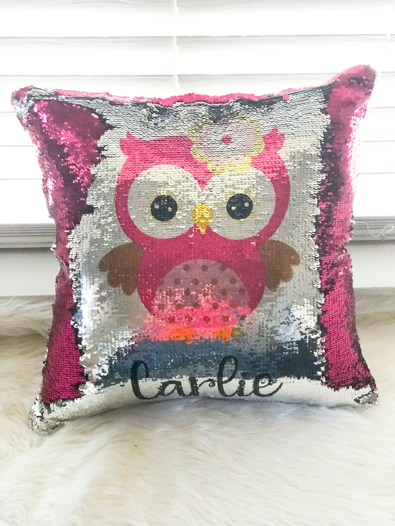 Personalized Owl Pillow Cover Owl Reversible Mermaid Sequin Etsy