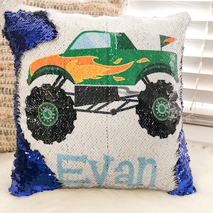 Custom Boy Monster Truck Sequin Pillow Cover, Custom Boy Sequin Pillow Cover , Construction Reversible Sequin Pillow, Birthday Pillow Cover