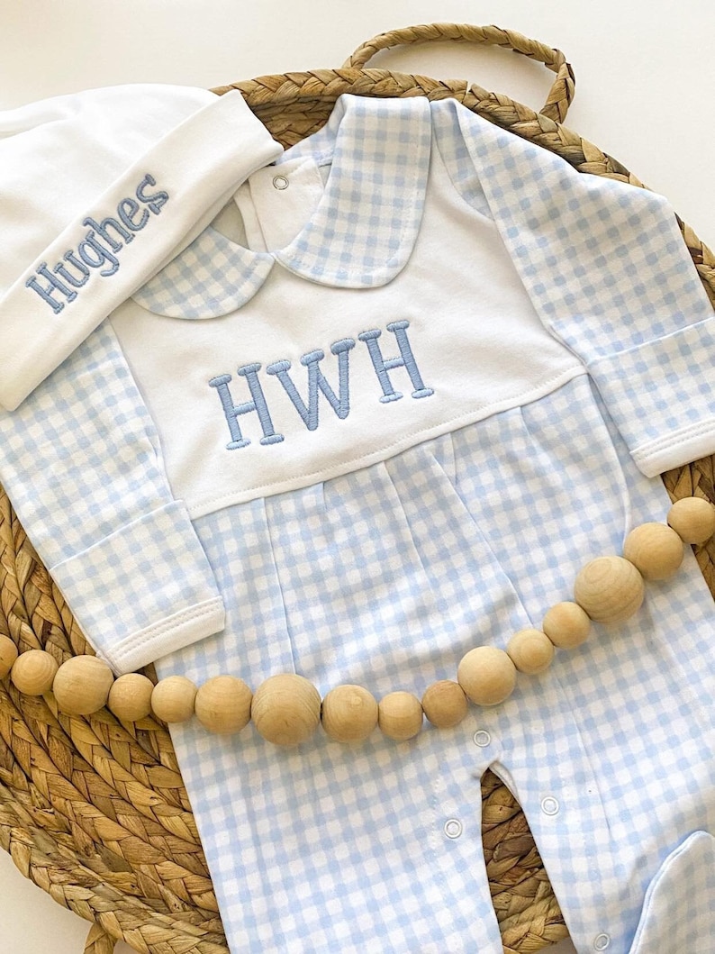 Baby Boy Outfit for Hospital, Personalized Baby Gift, Footie Romper, Gingham Outfit, Monogrammed sleeper, Newborn Photos Gingham w/Hat