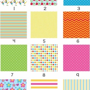 May include: Twelve different colorful patterns, each with a unique design. The patterns include stripes, polka dots, zigzags, and floral designs. The patterns are arranged in a grid of four rows and three columns.