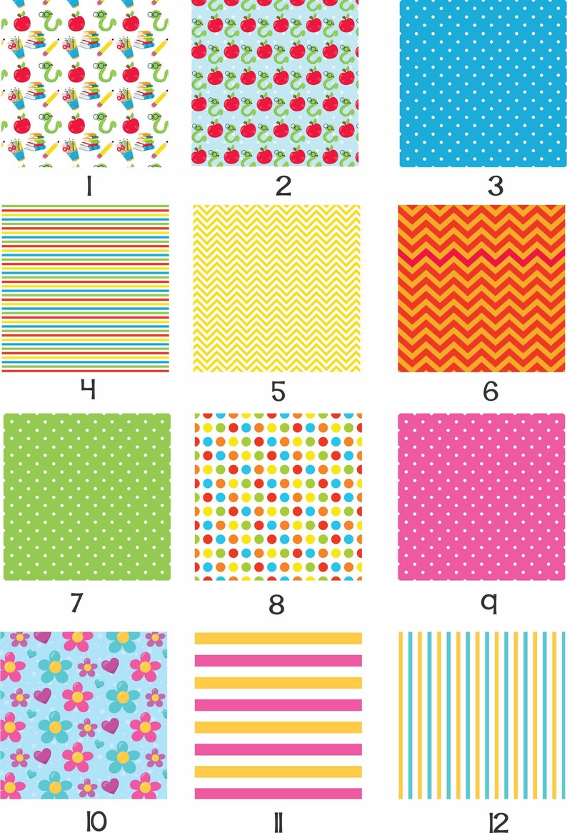 May include: Twelve different colorful patterns, each with a unique design. The patterns include stripes, polka dots, zigzags, and floral designs. The patterns are arranged in a grid of four rows and three columns.