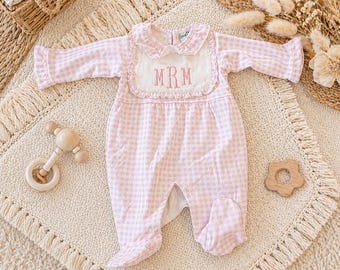 Newborn Girl Coming Home Outfit Pink Gingham Personalized Footie
