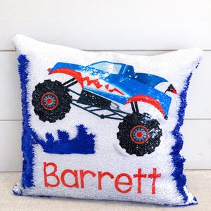 Custom Boy Monster Truck Sequin Pillow Cover,  Birthday Gift for Boy