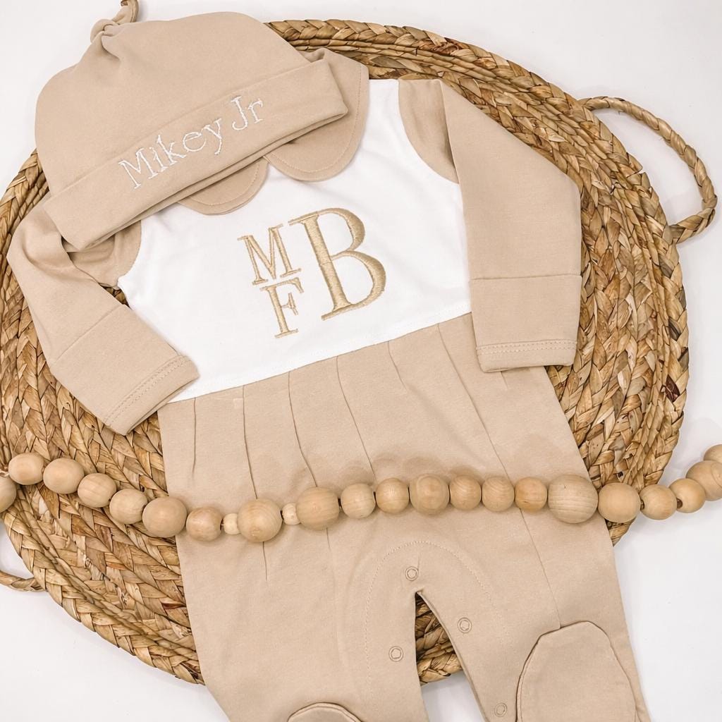 Personalized Baby Boy Gift, Tan Gender Neutral, Monogrammed Footie