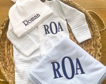 Baby Boy Coming Home Outfit, Monogram Footie, Personalized Baby Outfit and Blanket