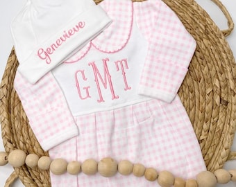 Baby Girl Going Home Outfit, Monogramed Pink Gingham Collar Footie