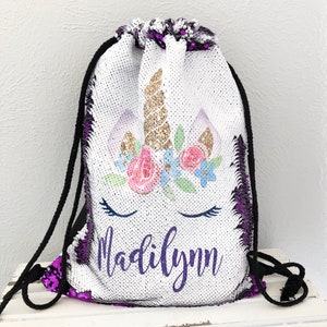 Personalized unicorn top drawstring sequin backpack