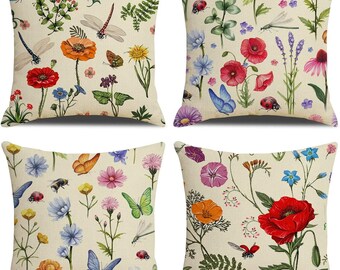 Dragonfly Meadow Floral Flower Print Throw Pillow Case, Cushion Cover for Home Décor