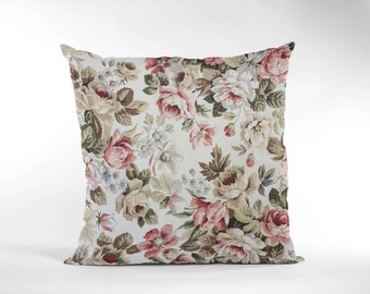 16" Cream Vintage Floral Cushion Cover Shabby Chic, Country Cottage