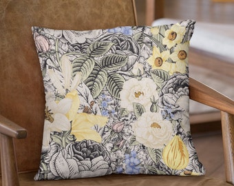 Botanical Blossom Summer Floral Pattern Vintage Flowers Yellow Lily Rose Spring Tulip Floral Pillow Cover Cushion Cover, Throw Pillow Case