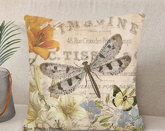 Dragonfly Flower Floral Print Throw Pillow Case, Cushion Cover for Home Décor