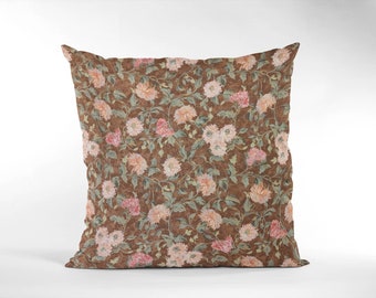 16" Cream Brown & Pink Vintage Floral Cushion Cover Shabby Chic, Country Cottage