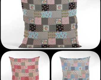 16" Pink, Black & Blue Patchwork Vintage Floral Cushion Cover Shabby Chic, Country Cottage