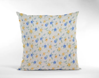 16" White, Yellow & Blue Vintage Floral Cushion Cover Shabby Chic,Country Cottage