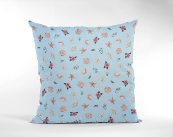 16' Blue & Pink Vintage Floral Cushion Cover, Shabby Chic Cushion Cover, Sea Shells