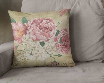 Vintage Shabby Chic Pink Rose Floral Pillow Cover Cushion Cover, Floral Print Throw Pillow Case