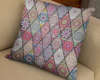 Boho Mandala Print Throw Pillow Case, Boho Hippie Cushion Cover for Home Décor