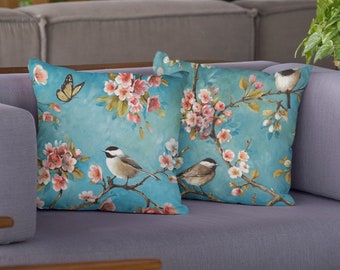 Turquoise Floral Blossom Bird Print Throw Pillow Case, Cushion Cover for Home Décor