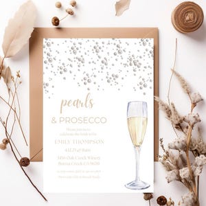 Pearls and Prosecco Bridal Shower Invitation Template, Printable Minimalist Pearl Bridal Shower Invite, Pearls & Prosecco Wedding Shower