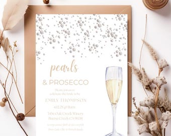 Pearls and Prosecco Bridal Shower Invitation Template, Printable Minimalist Pearl Bridal Shower Invite, Pearls & Prosecco Wedding Shower