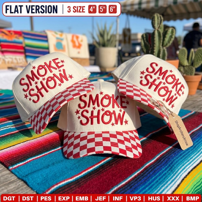 May include: Three off-white baseball caps with red embroidered text reading SMOKE SHOW and red star accents. The brims feature a red and white checkered pattern. A brown tag is attached to one cap. Text at the top indicates 3 sizes: 4", 5", 6".