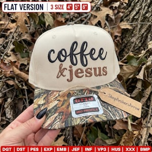May include: A beige baseball cap with a camouflage brim featuring the embroidered black text coffee and brown text & jesus. The cap includes a sticker on the brim and a brown paper tag labeled ShopArchersArrow, with 4, 5, and 6 inch sizes listed.
