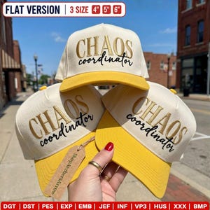 May include: Three off-white baseball caps with yellow brims, each featuring the embroidered text "CHAOS coordinator" in gold and black. The caps are available in 4-inch, 5-inch, and 6-inch sizes. A brown cardboard tag is attached to one cap.