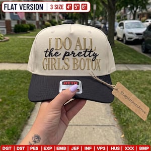 May include: A cream-coloured baseball cap with a black brim featuring the embroidered text I DO ALL the pretty GIRLS BOTOX. The cap includes an Otto brand sticker on the brim and a brown cardboard tag labelled ShopArchersArrow, with 10, 13, and 15 cm sizes.