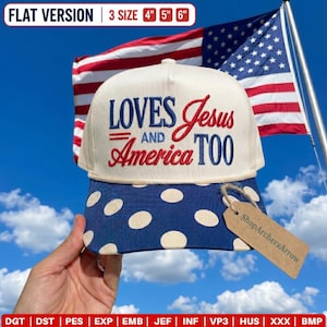 Älska Jesus & Amerika också hattbroderidesign, 4 juli hatt digital fil, patriotisk självständighetsdagen kepsmönster, maskinfil PES DST
