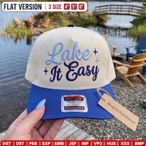 Lake It Easy Trucker Cap Stickdatei, süßes Leben am See Sommermütze Digitale Datei, Sommerferien Baseballmütze, Bootsleben, PES DST