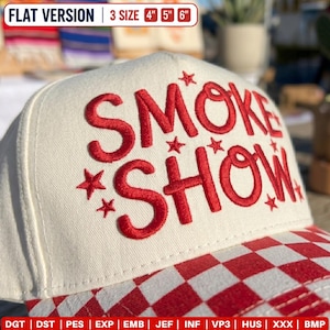 May include: A cream-colored baseball cap featuring red embroidered text that reads SMOKE SHOW, accented with small red stars. The brim displays a red and white checkered pattern. Text at the top indicates 3 size 4, 5, 6 inches.