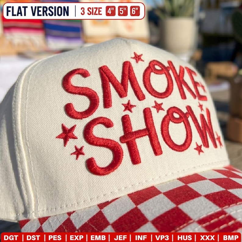 May include: A cream-colored baseball cap featuring red embroidered text that reads SMOKE SHOW, accented with small red stars. The brim displays a red and white checkered pattern. Text at the top indicates 3 size 4, 5, 6 inches.